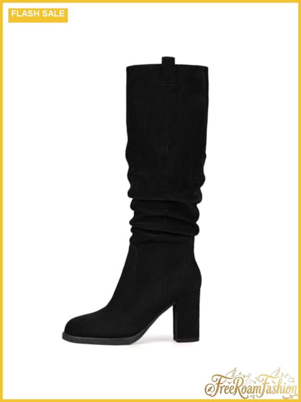 Faux Suede Knee High Boots Chunky Block Heel Side Zip Round Toe Slouch Tall